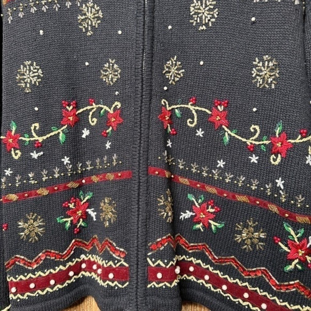 Vtg Christmas Sweater Black Beaded Sequin Poinsettia Snowflake Zip Up Womens XL - Picture 3 of 10